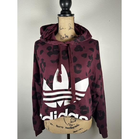 Adidas Big logo Burgundy/Black Leopard print cropped oversized Hoodie S - Picture 11 of 12